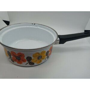 VINTAGE Austria Email Cookware Enamelware Sauce Pan Pot Yellow Orange Floral 6"